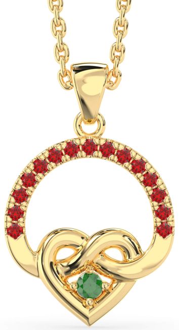 Emerald & Ruby Gold Heart Infinity Necklace