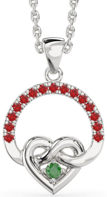 Emerald & Ruby White Gold Heart Infinity Necklace