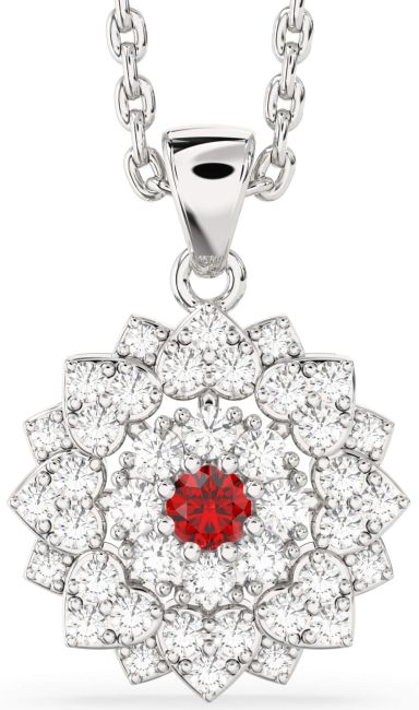Diamond Ruby White Gold Flower Necklace