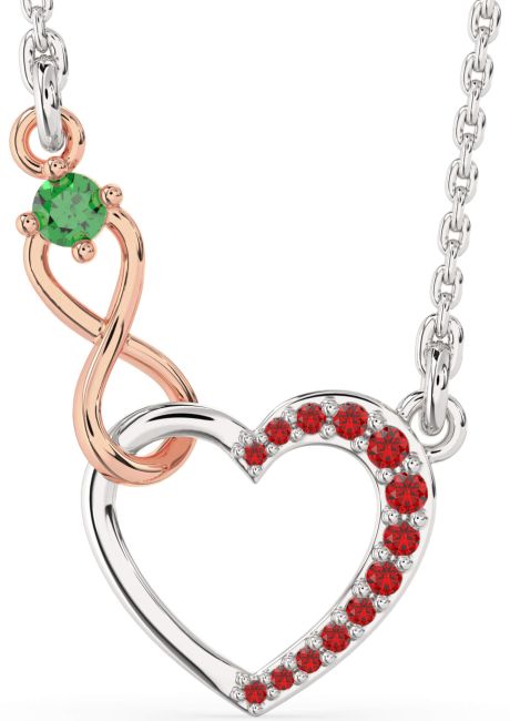 Emerald & Ruby Rose Gold Silver Heart Infinity Interlock Necklace