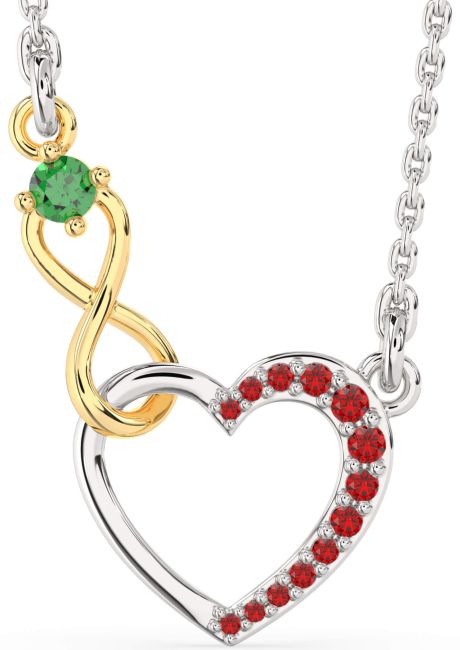 Emerald & Ruby Silver & 10K gold Heart Infinity Interlock Necklace