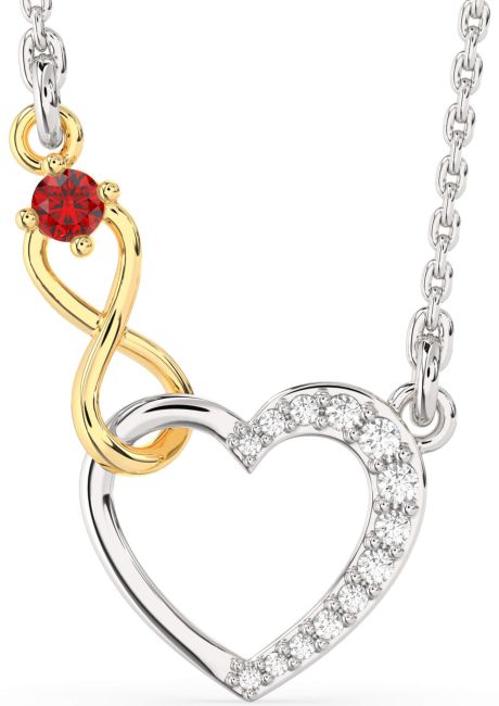 Ruby White Yellow Gold Heart Infinity Interlock Necklace