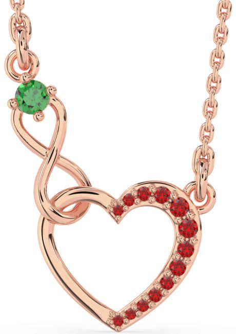 Emerald & Ruby Rose Gold Heart Infinity Interlock Necklace