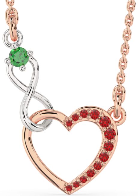 Emerald & Ruby Platinum & Rose Gold Heart Infinity Interlock Necklace