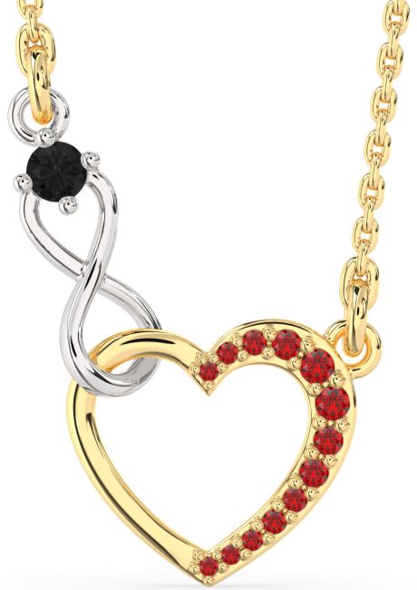 Black Diamond & Ruby Gold Silver Heart Infinity Interlock Necklace