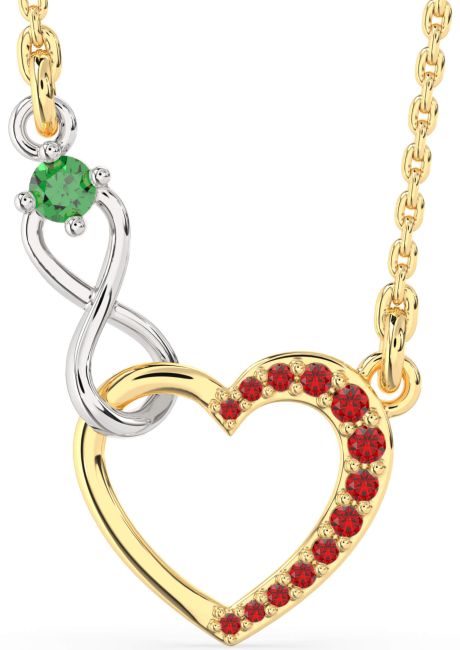 Emerald & Ruby Gold Silver Heart Infinity Interlock Necklace