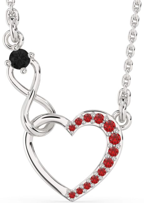 Black Diamond & Ruby Silver Heart Infinity Interlock Necklace