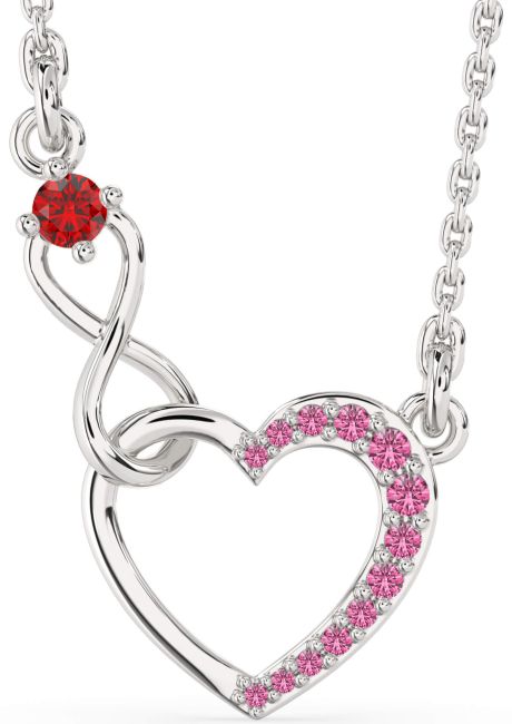 Ruby & Pink Sapphire Silver Heart Infinity Interlock Necklace