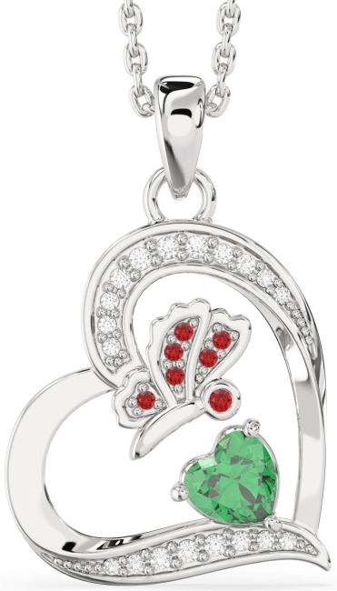 Diamond Emerald & Ruby Silver Heart Butterfly Necklace