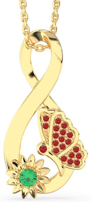 Emerald & Ruby Gold Infinity Butterfly Flower Necklace