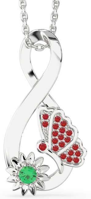 Emerald & Ruby Silver Infinity Butterfly Flower Necklace
