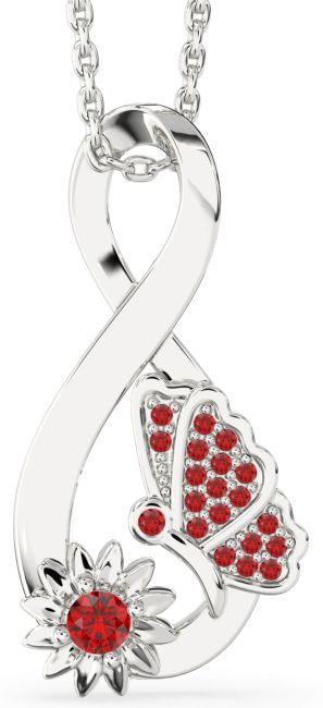 Ruby Silver Infinity Butterfly Flower Necklace
