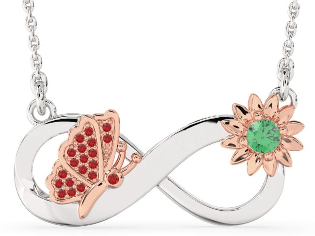 Large Emerald & Ruby Rose Gold Silver Infinity Butterfly Flower Necklace