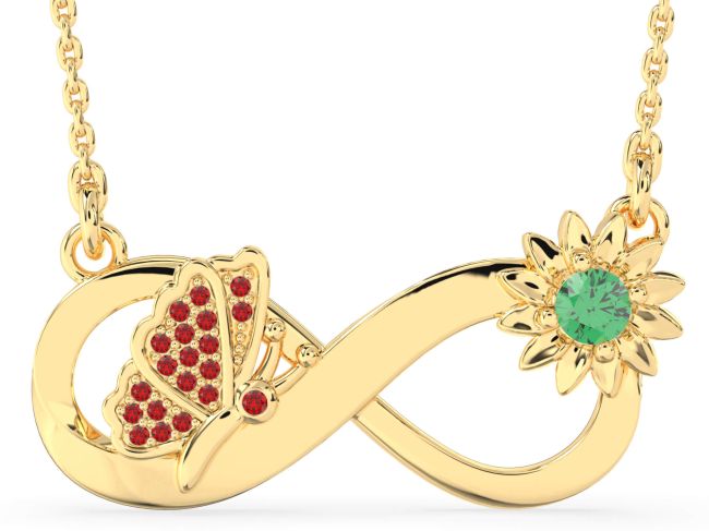 Large Emerald & Ruby Gold Infinity Butterfly Flower Necklace