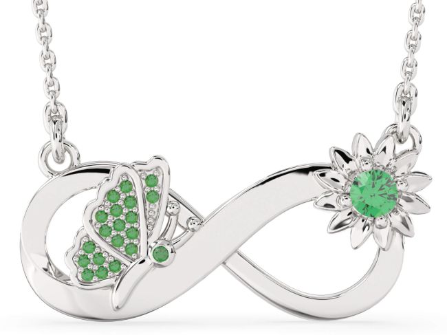 Large Emerald Silver Infinity Butterfly Flower Necklace