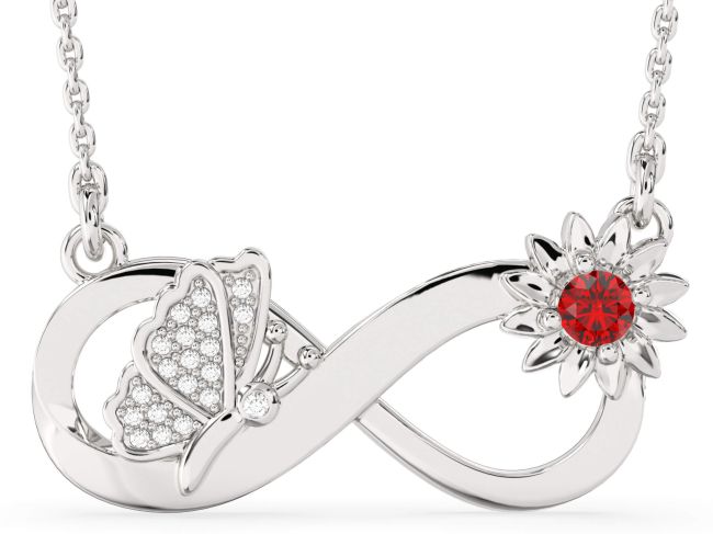 Large Diamond & Ruby Silver Infinity Butterfly Flower Necklace