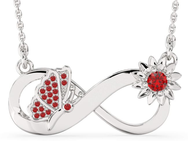 Large Ruby Silver Infinity Butterfly Flower Necklace