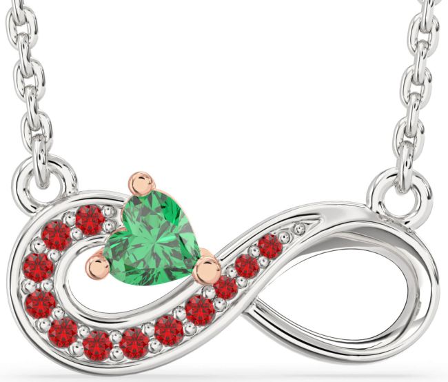 Emerald & Ruby White Rose Gold Infinity Heart Necklace