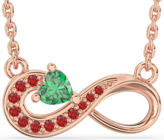 Emerald & Ruby Rose Gold Infinity Heart Necklace