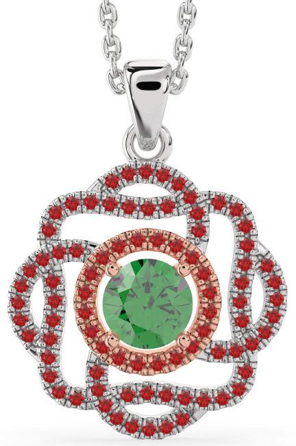 Emerald & Ruby White Rose Gold Knot Necklace