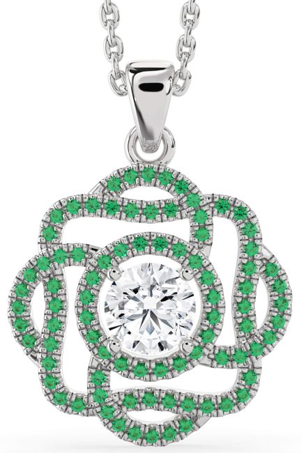 Emerald & Diamond Silver Knot Necklace