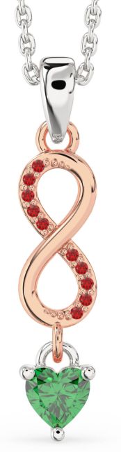 Emerald & Ruby White Rose Gold Infinity Heart Necklace