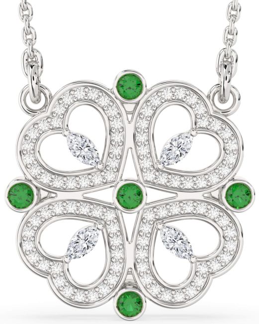 Diamond Emerald Silver Clover Necklace