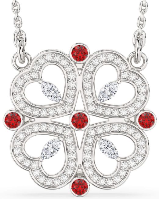 Diamond Ruby Platinum Clover Necklace