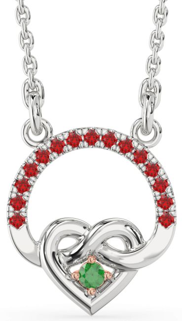 Emerald & Ruby White Rose Gold Heart Infinity Necklace