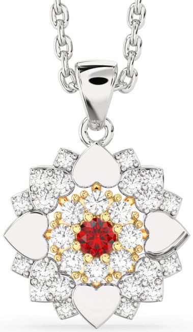 Diamond Ruby Silver & 10K gold Flower Necklace
