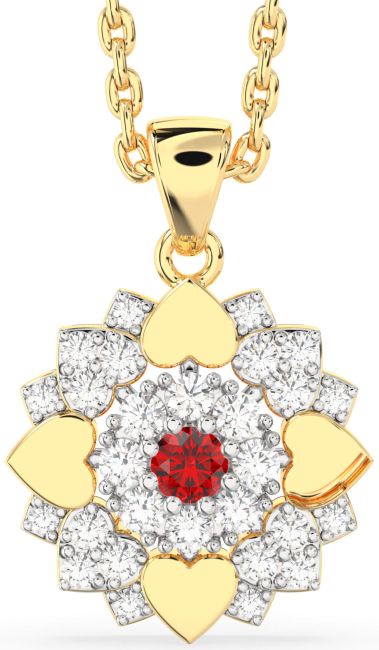 Diamond Ruby Gold Silver Flower Necklace