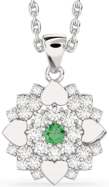 Diamond Emerald Silver Flower Necklace