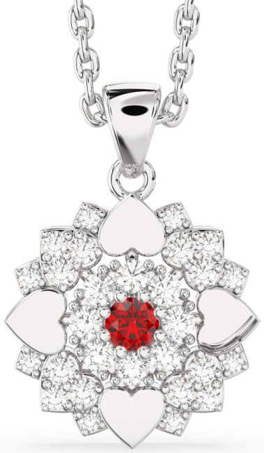 Diamond Ruby Platinum Flower Necklace