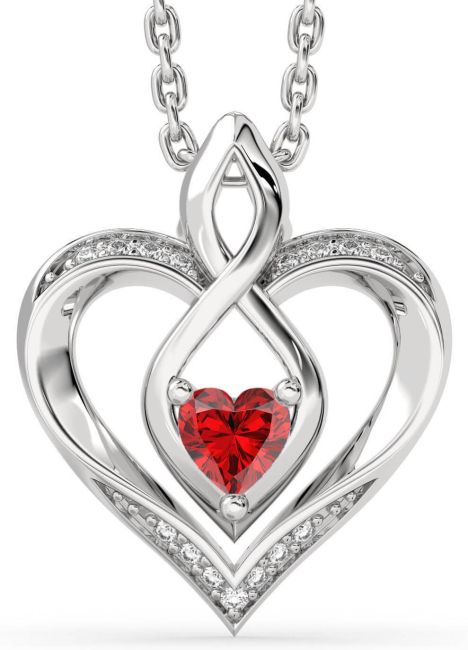 Diamond Ruby Silver Heart Infinity Necklace
