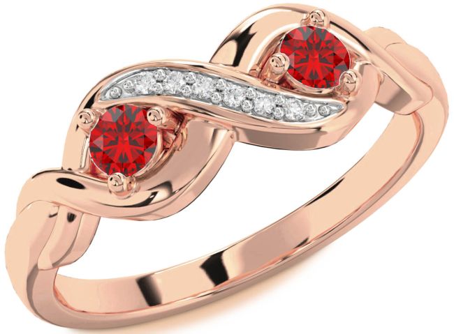 Diamond Ruby Rose Gold Infinity Round Two Stone Birthstone Ring