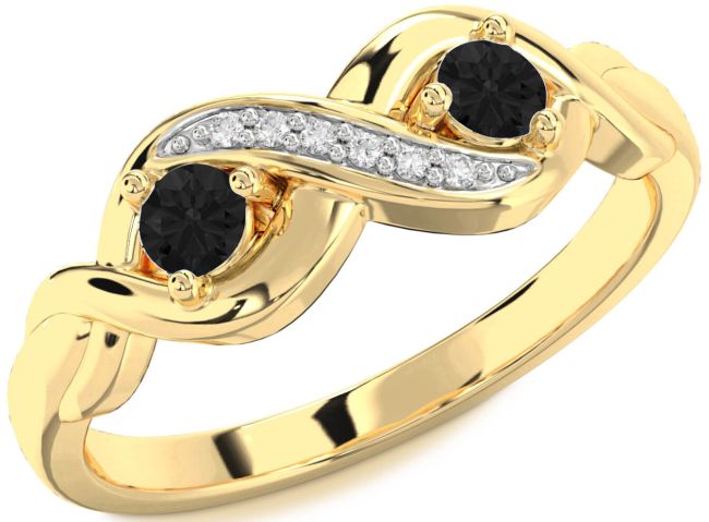 Black Diamond Gold Silver Infinity Round Two Stone Ring