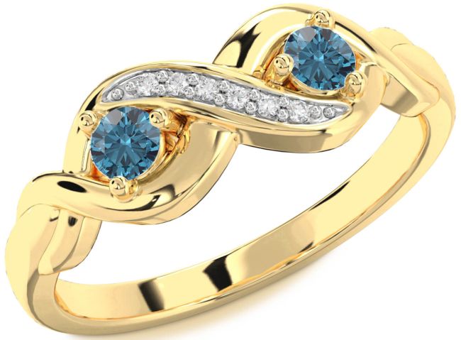 Blue Diamond Gold Silver Infinity Round Two Stone Ring