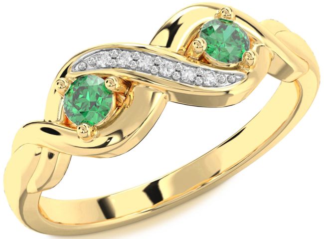Diamond Emerald Gold Infinity Round Two Stone Birthstone Ring