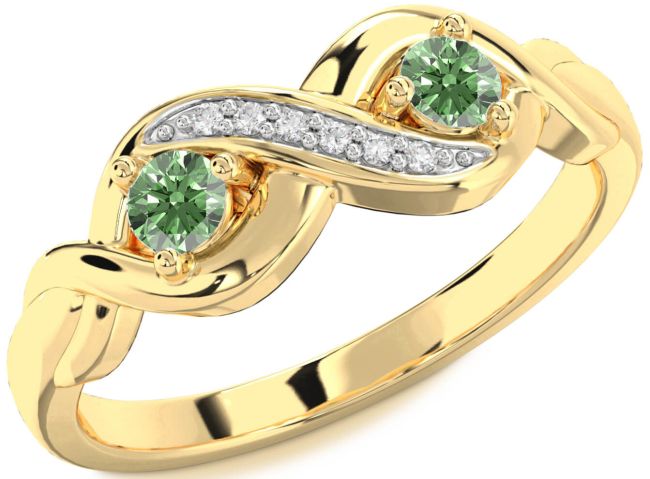 Green Diamond Gold Silver Infinity Round Two Stone Ring
