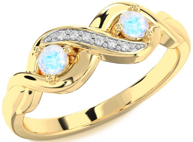 Diamond Moonstone Gold Silver Infinity Round Two Stone Ring