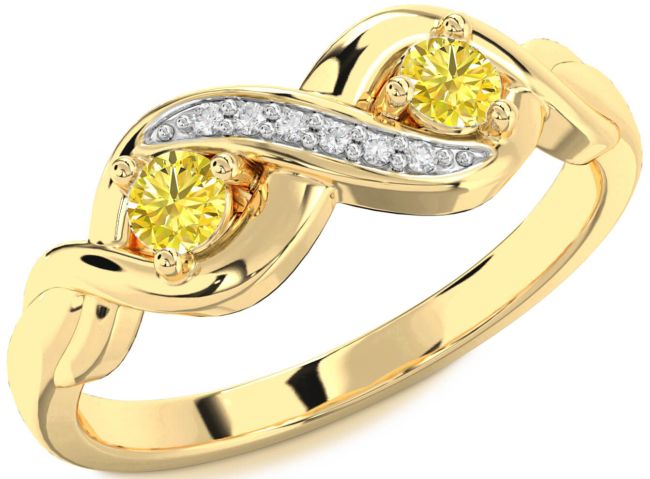 Yellow Diamond Gold Silver Infinity Round Two Stone Ring