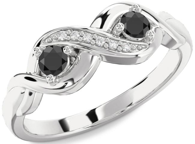 Diamond Black Onyx Silver Infinity Round Two Stone Ring