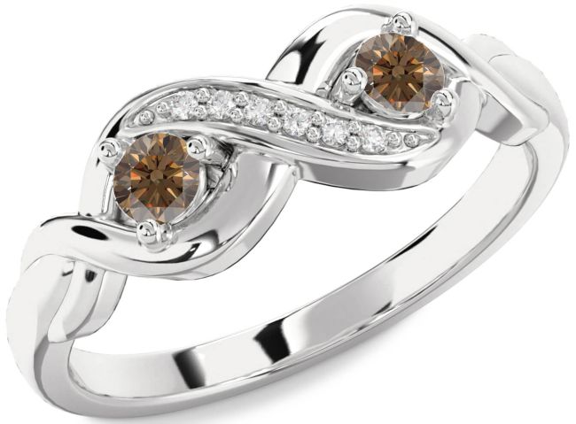 Chocolate Brown Diamond Silver Infinity Round Two Stone Ring