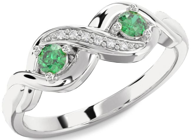 Diamond Emerald Silver Infinity Round Two Stone Birthstone Ring