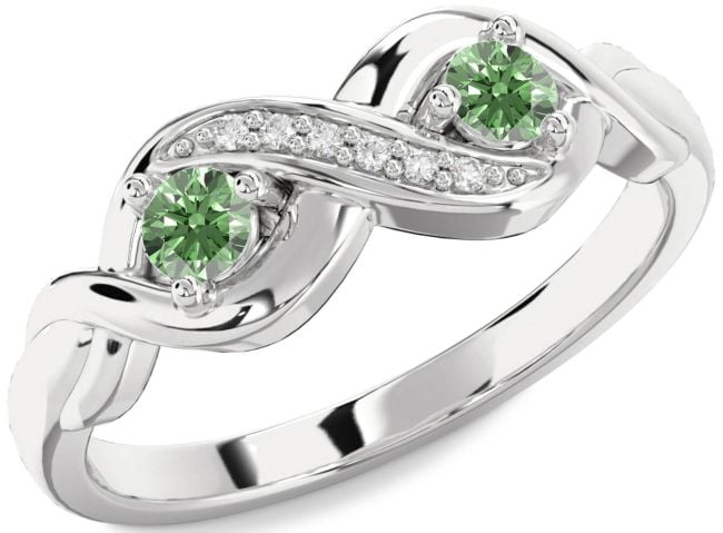 Green Diamond Silver Infinity Round Two Stone Ring