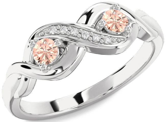 Diamond Morganite Silver Infinity Round Two Stone Ring