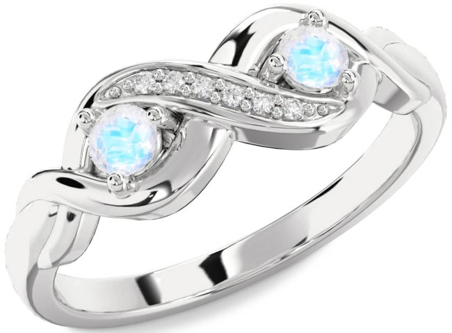 Diamond Moonstone Silver Infinity Round Two Stone Ring