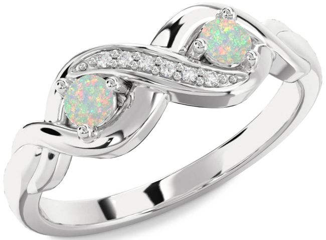 Diamond Opal Silver Infinity Round Two Stone Birthstone Ring