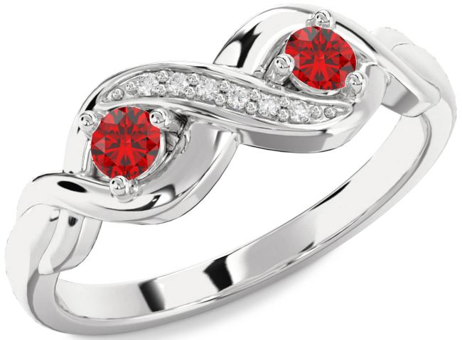 Diamond Ruby Silver Infinity Round Two Stone Birthstone Ring