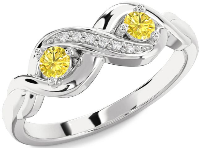 Yellow Diamond Silver Infinity Round Two Stone Ring